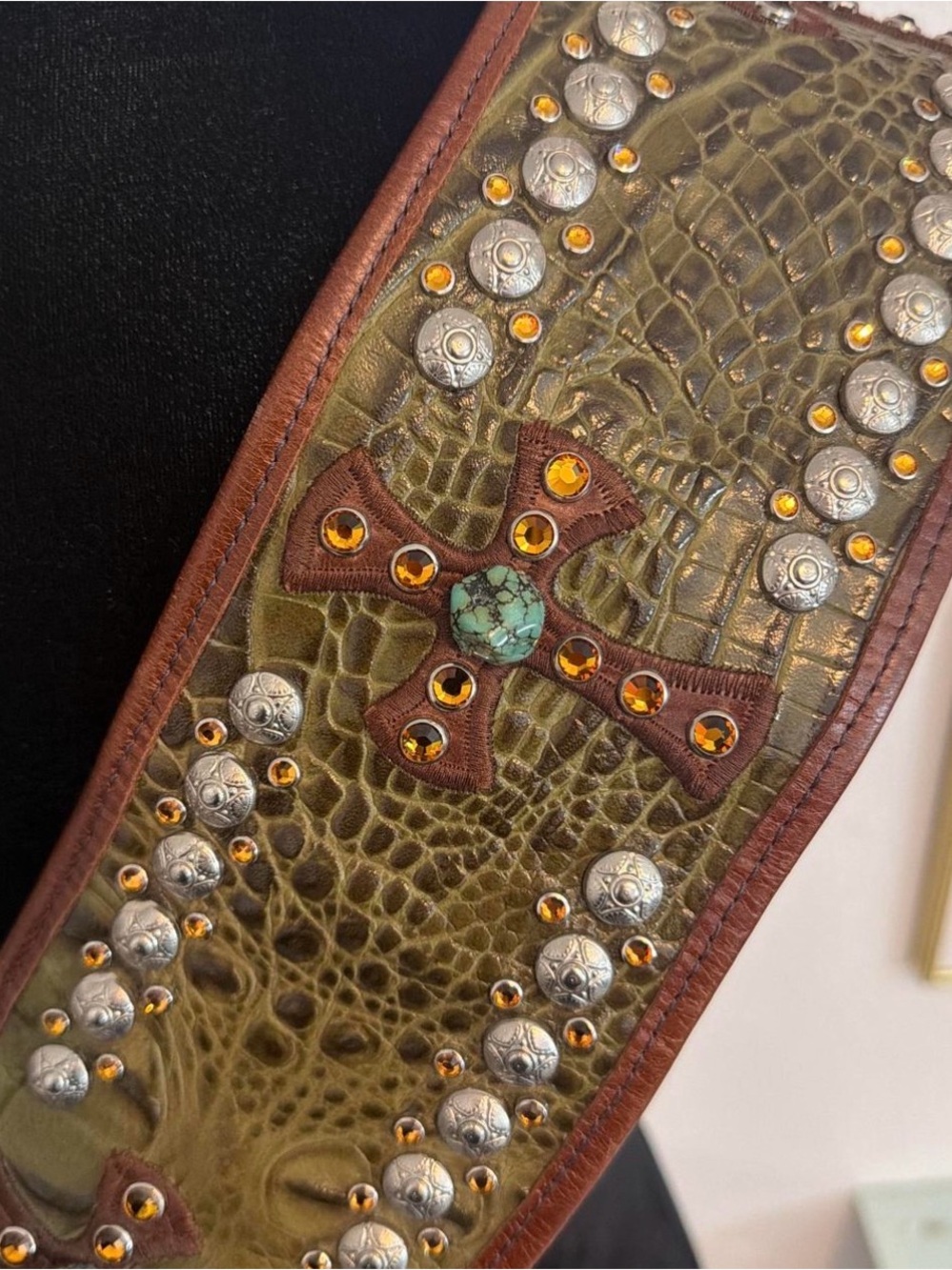 Kurtmen leather alligator belt studs crystals turquoise cross statement belt - Picture 14 of 16